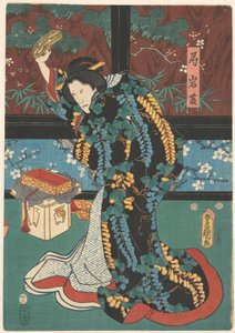 Scéna z hry Play The Mirror Mountain Dáma čekající Iwafuji s sandály v ruce od Kunisada (I) , Utagawa