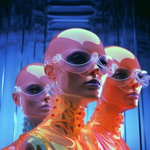6 žen s 3D parametrickými fluorescenčními plastovými maskami v neskutečné a parametrické architektuře budoucnosti, 1