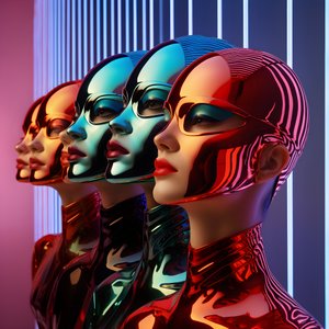 6 žen s 3D parametrickými fluorescenčními plastovými maskami v neskutečné a parametrické architektuře budoucnosti, 3
