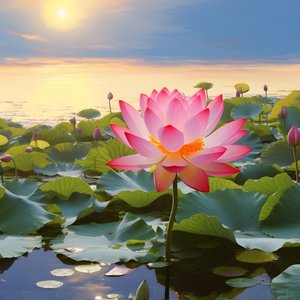 Na čisté vodní hladině kvetou velké a krásné lotosové květy, na lotosových květech zelené listy lotosu a rosa. Západ slunce svítí na vodní hladině 2
