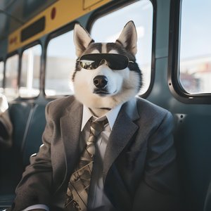 Sibiřský husky pes v obleku a slunečních brýlích na autobusovém nádraží, jako gentleman 2