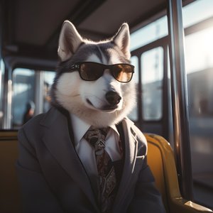 Sibiřský husky pes v obleku a slunečních brýlích na autobusovém nádraží, jako gentleman 3