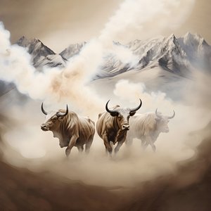 Fraktální abstraktní malba na plátně, béžová textura bílého kouře. 3 černí býci vycházející z kouře s horou Ararat na obzoru. Pózy připomínají býky na Wall Street v New Yorku. 4
