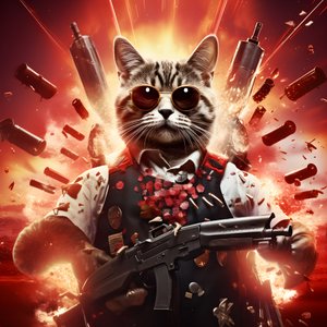 Filmový plakát kočky v černobílé puntíkované košili a lesklých slunečních brýlích s výbuchy a děly v pozadí 1