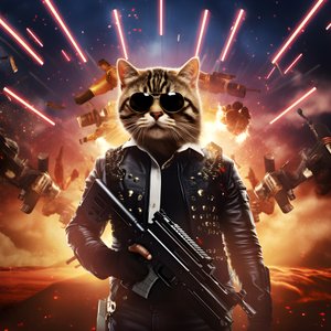 Filmový plakát kočky v černobílé puntíkované košili a lesklých slunečních brýlích s explozemi a děly v pozadí 2
