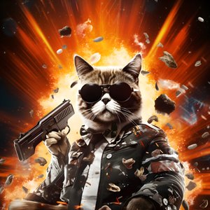 Filmový plakát kočky v černobílé puntíkované košili a lesklých slunečních brýlích s výbuchy a děly v pozadí 3