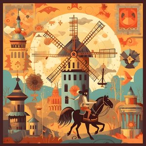 Pozadí Don Quijote zcela vpravo na svém oslu malém jako stín, před větrnými mlýny, vhodné pozadí 1