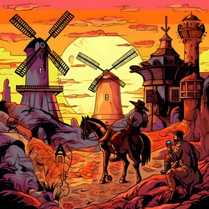Pozadí Don Quijote zcela vpravo na svém oslu malém jako stín, před větrnými mlýny, vhodné pozadí 3