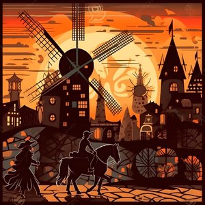 Pozadí Don Quijote zcela vpravo na svém oslu malém jako stín, před větrnými mlýny, vhodné pozadí 4
