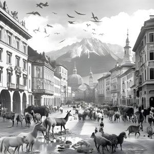 Innsbruck na staré fotografii s elegantními zebrami, racky, opicemi a hliněnými postavami. 2