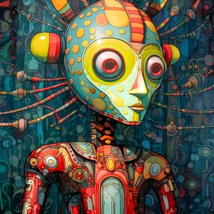 Carnival Cajun Swamp Mutant Sci-Fi Droid, v uměleckém stylu Tima Burtona a Beksinskiho 2