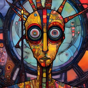 Carnival Cajun Swamp Mutant Sci-Fi Droid, v uměleckém stylu Tima Burtona a Beksinskiho 4