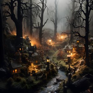 Miniaturní tilt-shift halloweenský les se zamlženými stromy a strašidelnou atmosférou 2