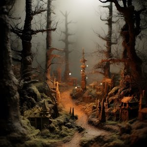 Miniaturní tilt-shift halloweenský les se zamlženými stromy a strašidelnou atmosférou 4