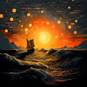Auringonlasku, oranssinkeltainen aurinko, pilvet, viisi pyörivää pilviympyrää suurella taivaalla, tarkat aallot ja oranssinkeltaiset auringonlaskun pilvet heijastuvat aalloilla, vene lähtee merelle 1