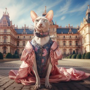 Kočka Sphynx v plesových šatech na pozadí nádherného paláce ve středověkém stylu 1