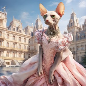 Kočka Sphynx v plesových šatech na pozadí nádherného paláce ve středověkém stylu 2
