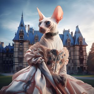 Kočka Sphynx v plesových šatech na pozadí nádherného paláce ve středověkém stylu 3