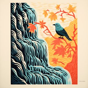 Ultra-minimalistická ilustrace barevného tropického ptáka sedícího na rozvětvené rostlině před horským potokem s krásným vodopádem 1
