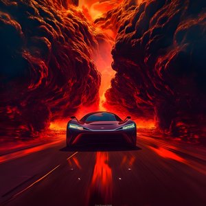luxusní auto jede po cestě se zářící červenou v pozadí 1