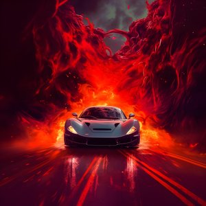 luxusní auto jede po cestě se zářící červenou v pozadí 2