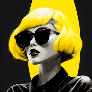 ilustrace dívky ve žlutých slunečních brýlích s vlasy na obličeji a s ušima ve stylu film noir esthetic 1