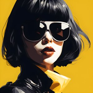 ilustrace dívky ve žlutých slunečních brýlích s vlasy na obličeji a s ušima ve stylu film noir esthetic 3