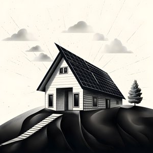 ilustrace domu se solárními panely, s obrovskou šipkou za ním směřující doprava a nahoru 1