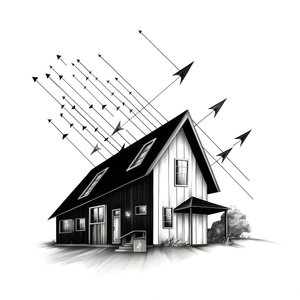 ilustrace domu se solárními panely, s obrovskou šipkou za ním směřující doprava a nahoru 4