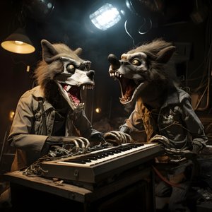 strašidelní, chlupatí, zlomení zvířecí animatronici předvádějící hudbu na pódiu 1