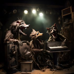 strašidelní, chlupatí, zlomení zvířecí animatronici předvádějící hudbu na pódiu 3