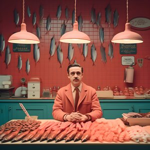 surrealistický obraz polského obchodníka s rybami z 50. let 2