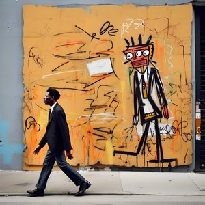 namalovaná postava ožívá, když jde po ulici v New Yorku, surrealistická fotografie 3