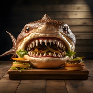 velký cheeseburger se žraločí hlavou s hovězím masem na dřevěné desce 2 od Kurt Heppke