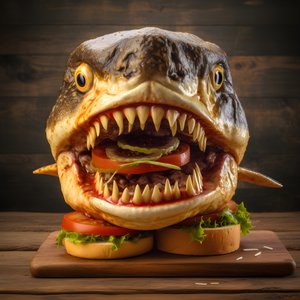 velký cheeseburger se žraločí hlavou s hovězím masem na dřevěné desce 4