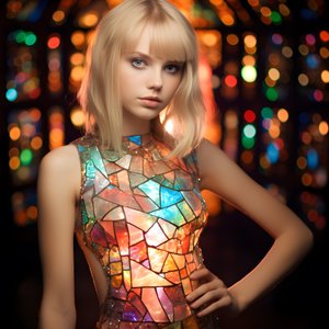 Hezká blondýnka ve věku 14 let v barevných šatech z barevného skla Tiffany 1