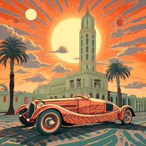 krásné, elegantní, minimalistické, prošívané mistrovské dílo v uměleckém stylu Sheparda Fairey::1 připomínající Grand Prix Monaka v roce 1940, historické závodní vozy, které mezi sebou soutěží. 2