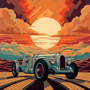 krásné, elegantní, minimalistické, prošívané mistrovské dílo v uměleckém stylu Sheparda Fairey::1 připomínající Grand Prix Monaka v roce 1940, historické závodní vozy, které mezi sebou soutěží. 3