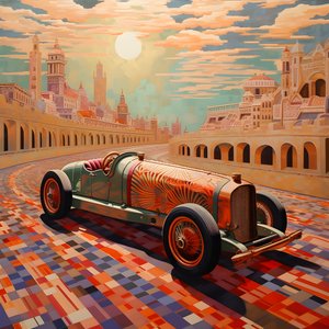 kaunis, elegantti, minimalistinen, tikattu mestariteos Shepard Faireyn taiteelliseen tyyliin::1, joka muistelee vuoden 1940 Monacon Grand Prix -kilpailua, historiallisia kilpa-autoja kilpailemassa keskenään. 4