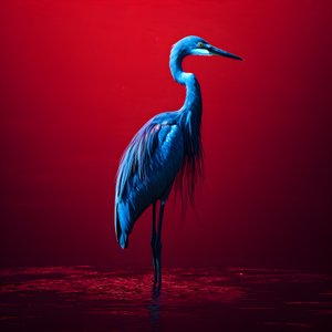 digitální výtvarné umění synthwave exotické kobaltově modré volavky na červeném papíře 1