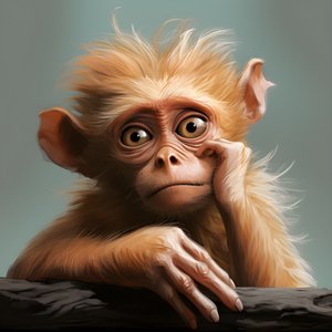 toto je kresba opice joey s okem ve stylu emotivních surrealistických studií postav, kolorované, zádumčivé pózy, topcor 58mm f/1.4, ilustrace připomínající karikaturu, #vfxfriday, solarizační mistr 2
