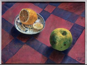 Jablko a citron. (Jablko a citron). Malba Kuzmy Sergejeviče Petrova Vodkina (Petrov-Vodkin) (Kouzma Petrov Vodkin) (Petrov-Vodkin) (1878-1939), olej na plátně od Kuzma Sergeevich Petrov Vodkin