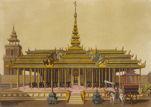 Král Siamu oslovuje dvořany ve svém pavilonu, deska 69 z Le Costume Ancien et Moderne od Julese Ferraria, rytý Gaetano Zancon (1771-1816), vydáno kolem 20. let-30. od L. Rossi