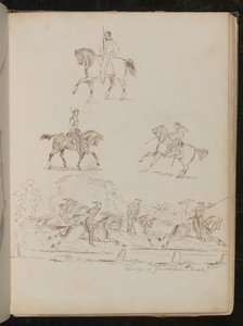 Studie vojáků na koních, skupinová scéna je napsána „Charge of Garibaldian Cavalry“ (pero a inkoust)