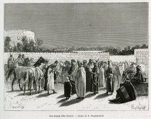 Stáje emíra Muhammada Ibn Abdullaha Al Rashida, ilustrace z „Pouti do Nejd, kolébky arabské rasy“, publikované v 