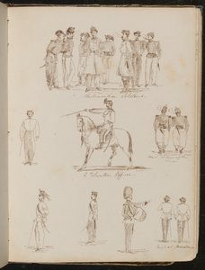 Studie osmi vojáků s nápisem „Piemontese vojáci“, „dobrovolný důstojník“, dva „francouzští vojáci na linii“ od Lady Butler