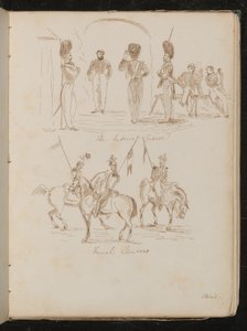 Studie vojáků s nápisem „Imperiální garda“, vojáků s vlajkami na koních s nápisem „Francouzští kopiníci“ od Lady Butler