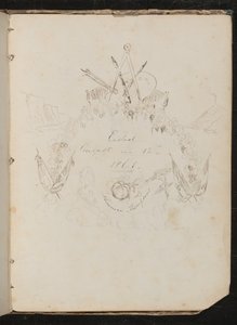 Studie výtvarných materiálů, motýlů, květin, vlajek, útesu a girlandy v erbovní formaci kolem nápisu "Ended 12th August 1861" od Lady Butler