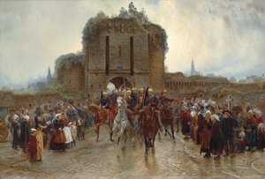 Na frontu: Francouzská jízda opouštějící bretaňské město při vyhlášení války, 1888-89 od Lady Butler