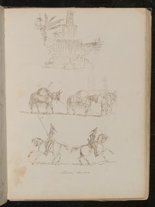 Vodní fontána v listí, studie tří spojených sourozenců, studie dvou vojáků na koni s nápisem „Novare Lancers“ od Lady Butler